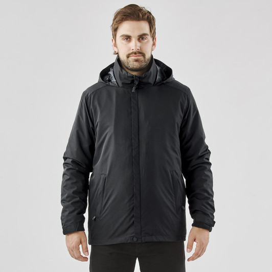 A black Men's Nautilus 3 in 1 Jacket with a hood, featuring a logo on the chest and side pockets.