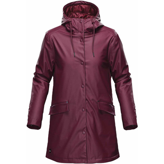 A women's insulated rain jacket in burgundy with a hood and pockets, featuring a logo on the front.