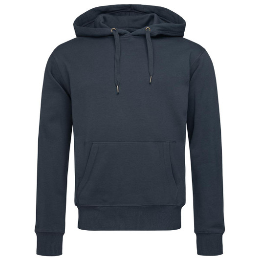 A dark green men's active sweat hoody featuring a front pocket and a large hood, with a logo present.
