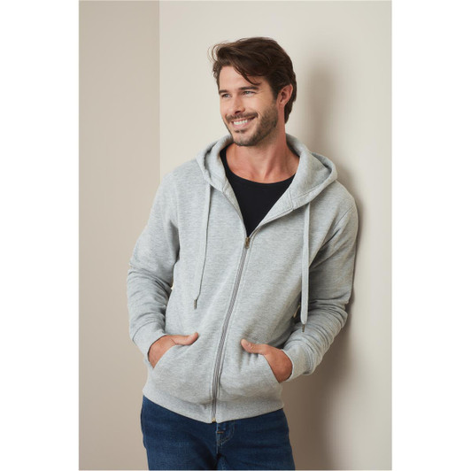 A grey men's active sweatjacket with a hood, featuring a zip and pockets, worn by a smiling man.