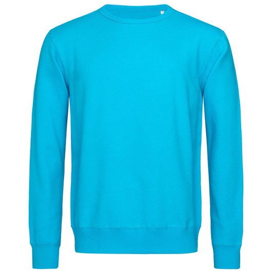 A vibrant turquoise men's active sweatshirt with a crew neck and long sleeves. It features a logo.