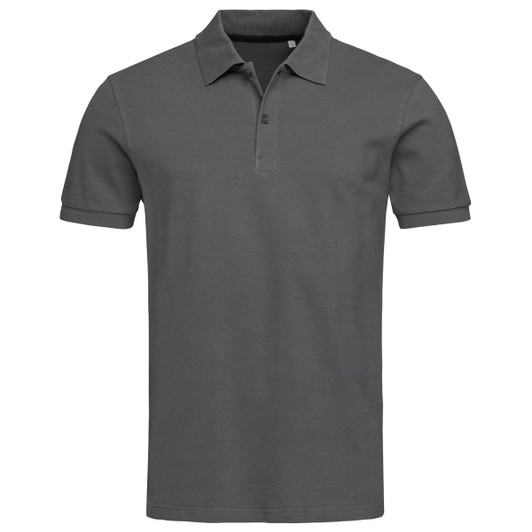 A dark grey polo shirt with a classic collar and short sleeves. It features a logo on the chest.