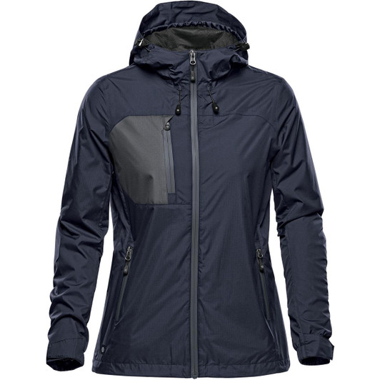 A women's rain jacket in navy blue with a hood and zippered pockets, featuring a logo.