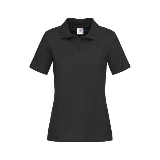 A women's heavyweight polo in black with a collar and short sleeves. It features a logo on the chest area.