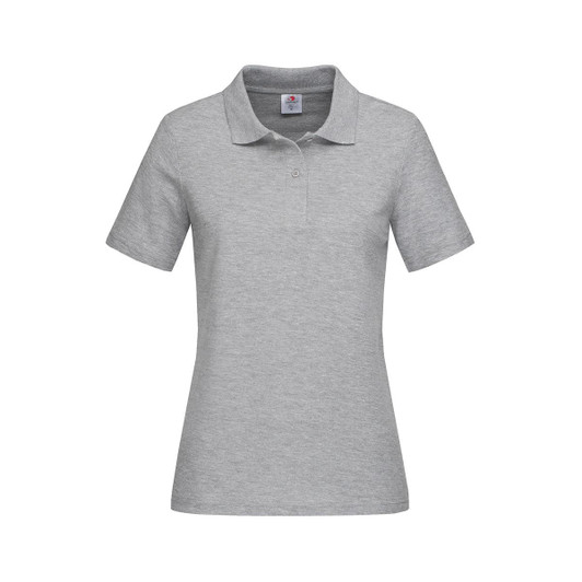 A women's heavyweight polo in light grey with a classic collar and short sleeves. It features a logo on the chest.