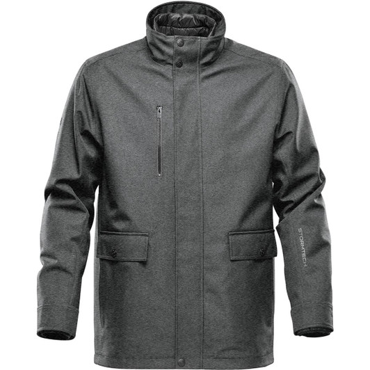 A grey men's jacket with a high collar, featuring a front zip pocket and two front flaps. It has a logo.