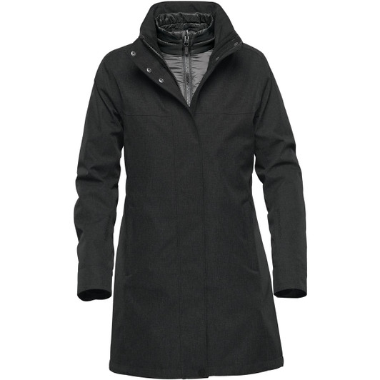 A dark grey women's jacket with a high collar and a sleek design. Features a branding logo.