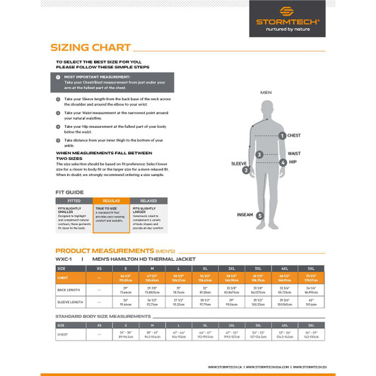 A sizing chart for the Men's Hamilton HD Thermal Jacket, featuring measurements for chest, sleeve, and body dimensions.