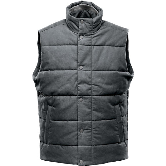 A green thermal vest featuring a high collar and button closure, designed for workwear. It includes a logo.