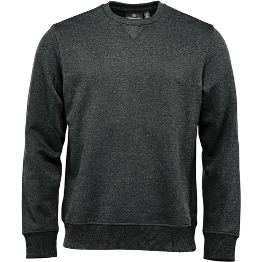 A dark green men's pullover crew jumper featuring a rounded neckline and long sleeves. It has a logo on the front.