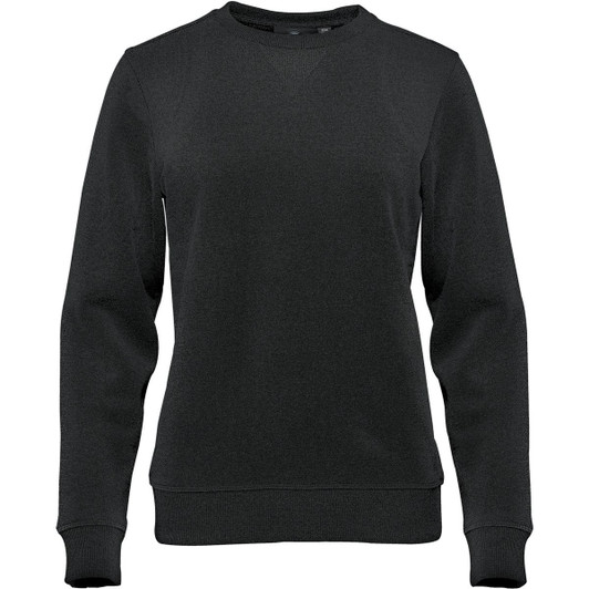 A black women's crew pullover with long sleeves and a classic neckline. It features a brand logo.