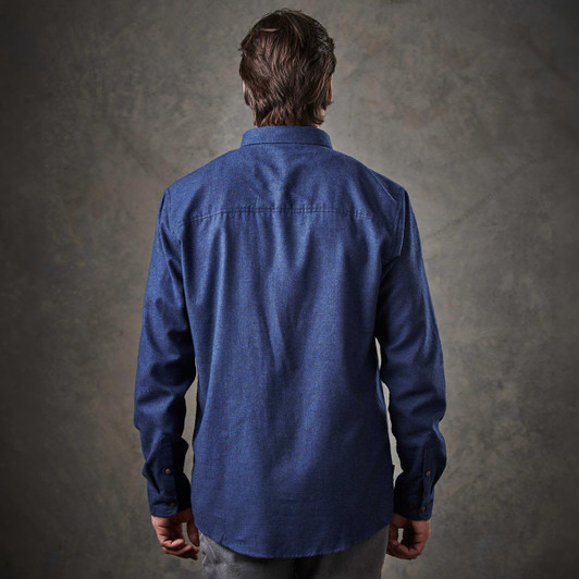 A men's long-sleeve button-up shirt in a dark blue shade, featuring a back view and a simple design.