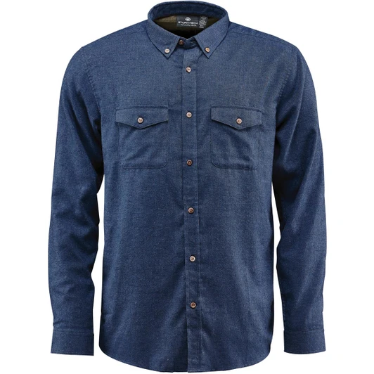 A men's long-sleeve button-up shirt in dark blue with two chest pockets and a branded logo.