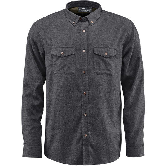 A dark grey button-up shirt with long sleeves and two chest pockets. It features a logo on the label.