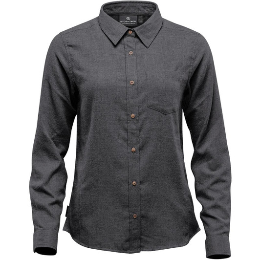 A Women's long-sleeve button-up shirt in grey with a pointed collar, featuring a chest pocket and a logo.