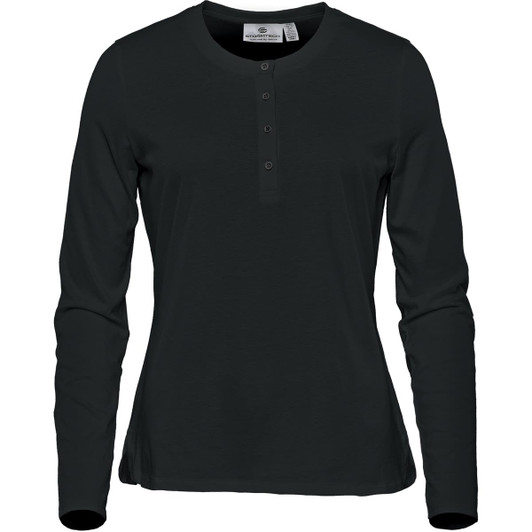 A women's long-sleeve henley shirt in dark green, featuring a buttoned neckline and a fitted design.