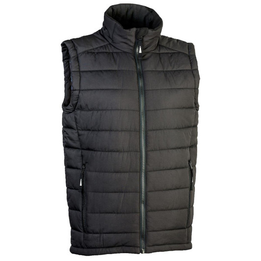 A black unisex puffer vest with a high collar, featuring zippered pockets and a front zipper.