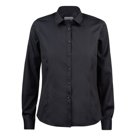 A women's button-up shirt in black, featuring a classic collar and long sleeves. It has buttons down the front and a logo.