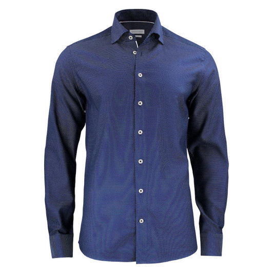 A navy button-up shirt featuring a subtle pattern, with a collar and long sleeves. It includes a logo on the fabric.