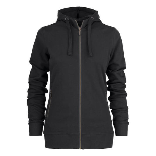 A black zip-up hoodie with a drawstring hood and side pockets, featuring a logo.