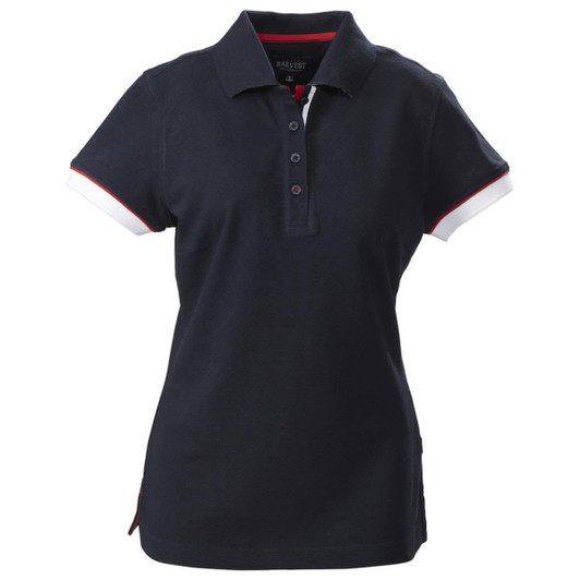 A women's cotton polo shirt in navy blue with white and red accents, featuring a collar and a logo.