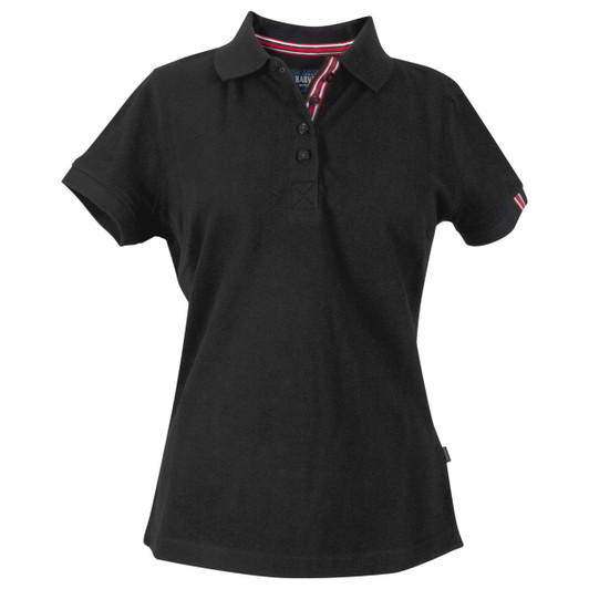 A black women's cotton polo shirt featuring a collared neck and a striped interior. It has a logo on the chest.