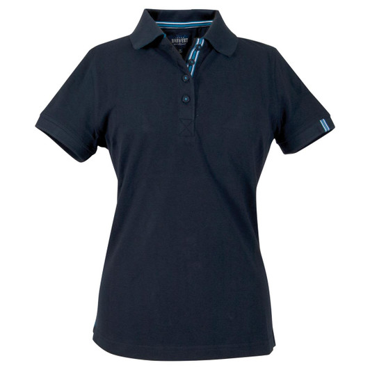 A women's cotton polo shirt in black, featuring short sleeves and a collared neckline with a striped detail.