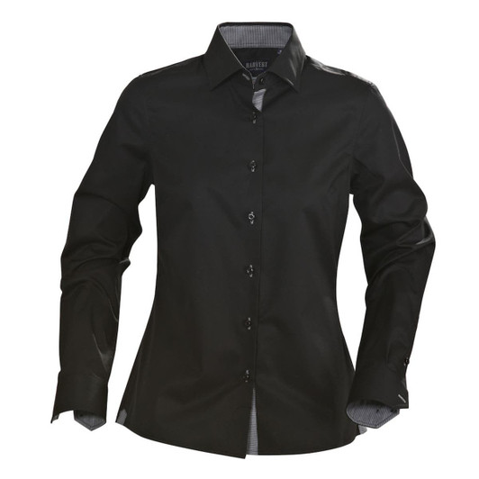 A black button-up blouse with a tailored fit and long sleeves, featuring a logo on the collar.