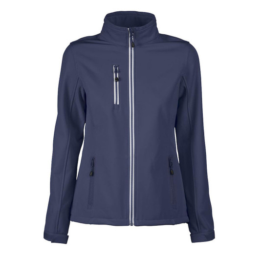 A women's softshell jacket in navy blue with zippered pockets and a branded logo.