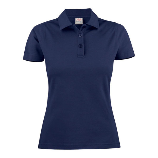 A navy women's cotton polo shirt featuring a collar and buttons, with a logo on the label.