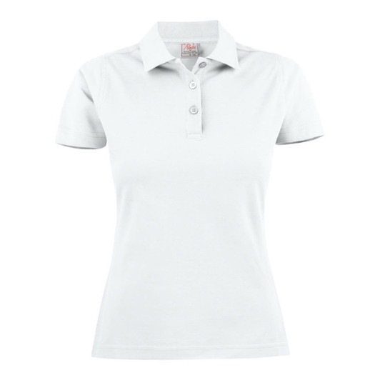 A light grey women's cotton polo shirt with a collared neckline and three buttons, featuring a logo.