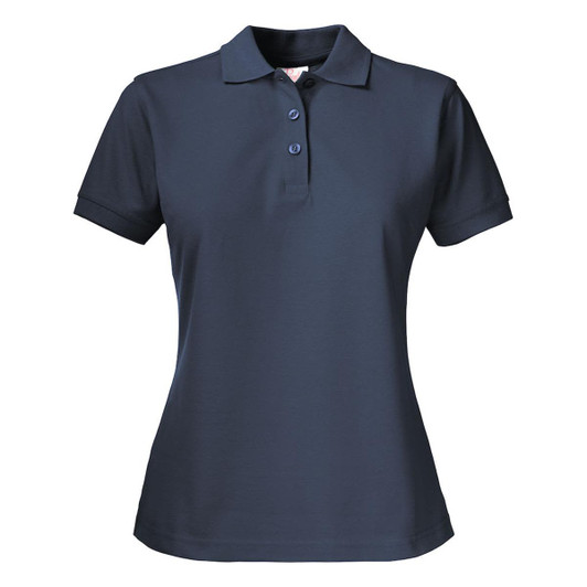 A dark navy women's cotton polo shirt featuring a classic polo collar and three-button placket.