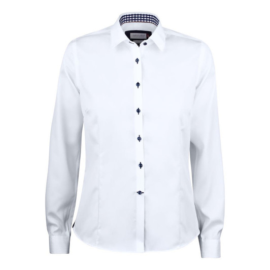 A white women's button-up shirt featuring long sleeves and a checkered inner collar with a logo.