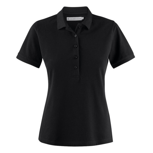 A black women's cotton polo shirt featuring a collared neck and a button-up front. It has a logo on the chest.