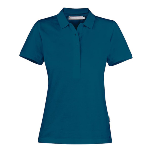 A teal women's cotton polo shirt with a classic collar and a logo on the side.