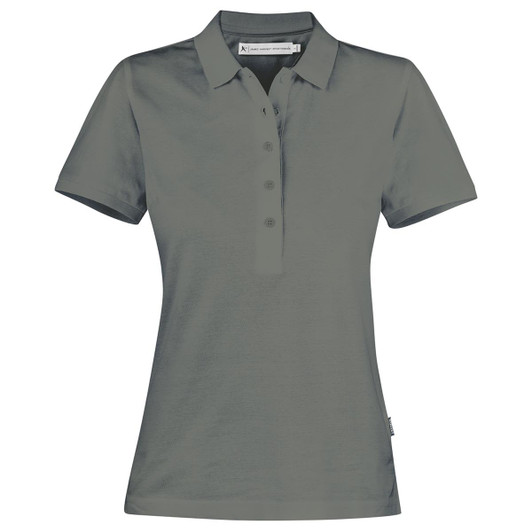 A grey women's cotton polo shirt featuring a three-button placket and a discreet logo.