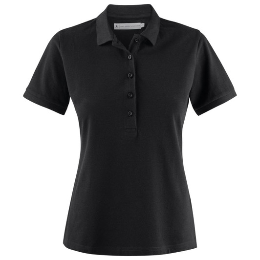 A black women's cotton polo shirt with a collar and button placket, featuring brand logo.