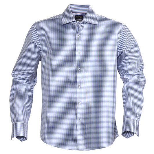 A button-up shirt featuring a blue and white check pattern, with long sleeves and a collar, includes a logo.