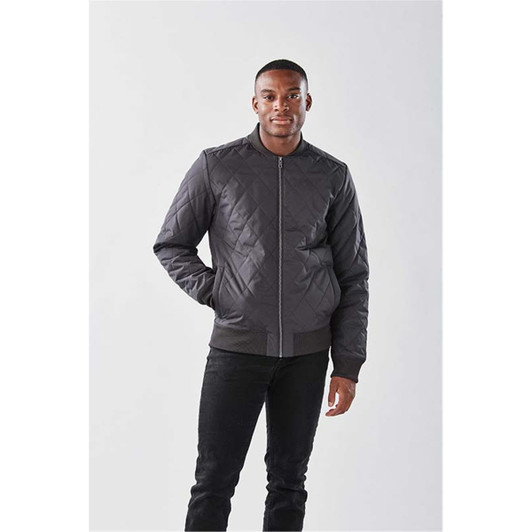 A men's thermal jacket in dark grey with a quilted design and a front zipper. Features a branding logo.