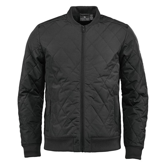 A black thermal jacket with a quilted pattern, featuring a front zip and ribbed cuffs and hem. Includes branding.