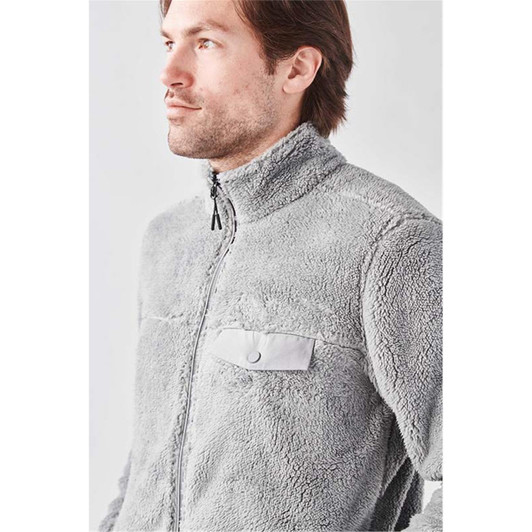 A grey men's Bergen Sherpa fleece jacket with a zip front and a chest pocket, featuring a logo.