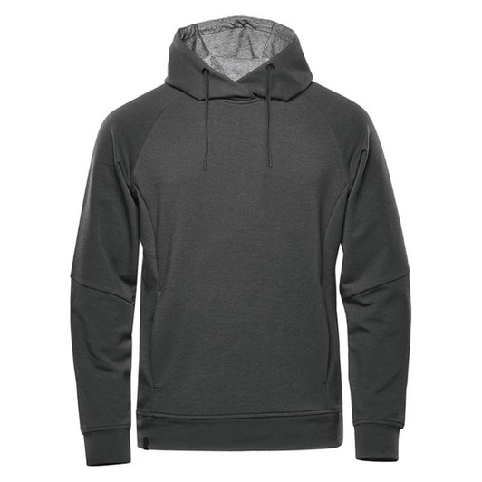 A dark grey hoodie featuring a drawstring hood and raglan sleeves, with a logo on the front.