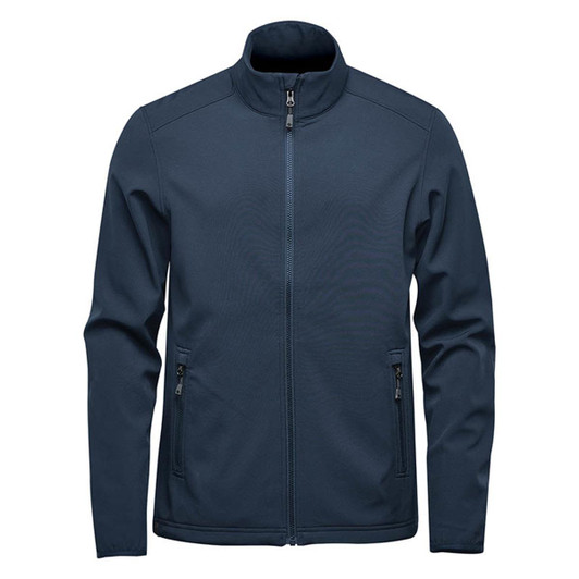 A navy blue softshell jacket with a zip front and side pockets, featuring a logo on the chest.