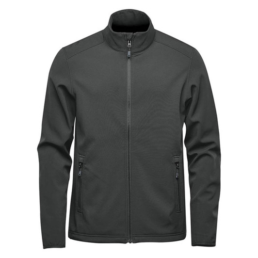 A men's softshell jacket in dark green with a full zip and two zippered pockets, featuring a subtle logo.