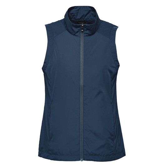 A sleeveless women's vest in dark navy with a front zip and high collar, featuring a logo.