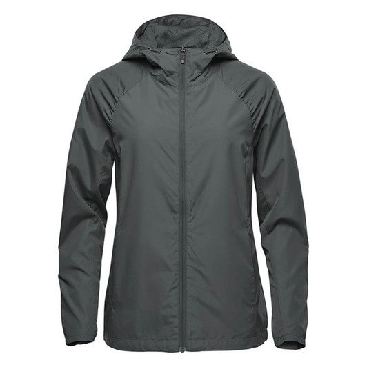A women's wind jacket in dark green, featuring a hood and a front zipper. It has a logo on it.