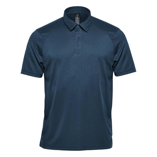 A navy blue men's polo shirt with a collar and a logo on the chest. Suitable for sporty settings.