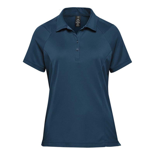 A women's polo shirt in dark blue, featuring a short collar and a logo on the chest.