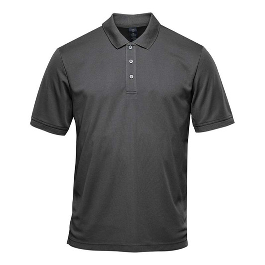 A dark grey men's polo shirt with a collar and three buttons, featuring a logo on the chest.