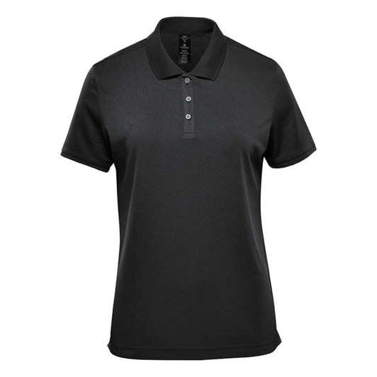 A black women's sports polo shirt with a collar and buttons, featuring a logo on the front.